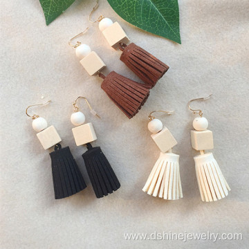 Women Simple Korea Velvet Fabric Tassel Earring With Beads